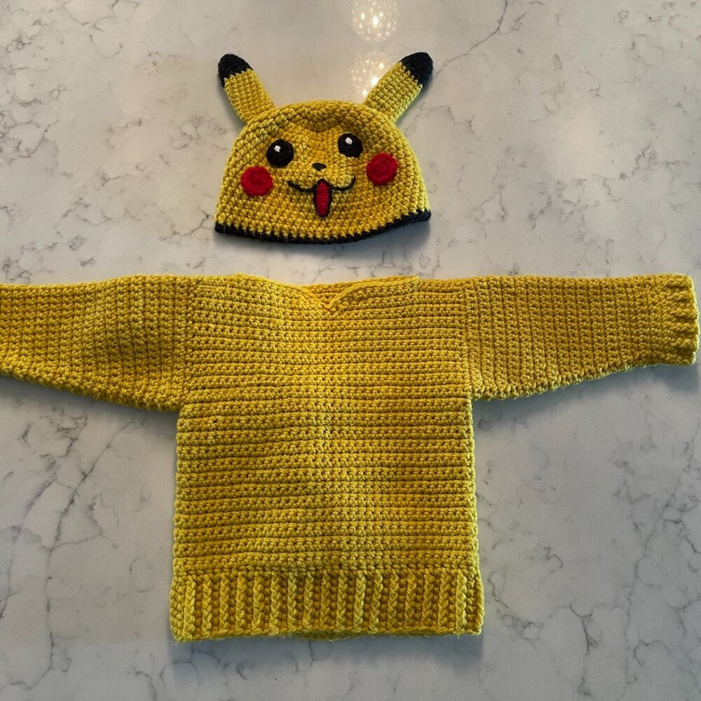 Gorgeous Pokemon Pikachu Sweater / Hat Handmade Crochet Rare OOAK